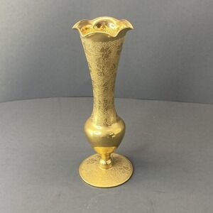 Lotus Glass Co Hollywood Regency 22 Karat Gold Overlay Crystal Vase Ruffle Top